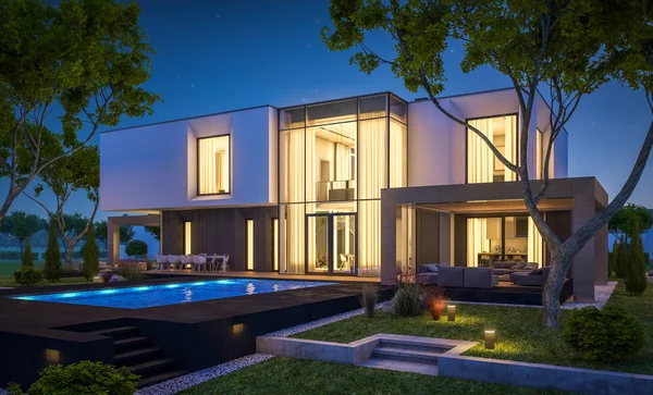 3D-rendering van modern huis in de tuin 's nachts — Stockfoto