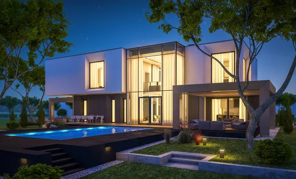 Bahçedeki modern ev 3D render geceleri