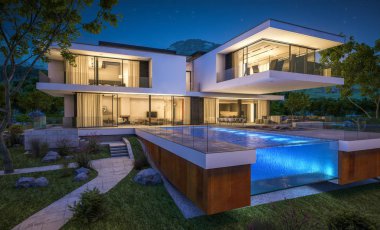 Nehrin yanında modern ev 3D render geceleri
