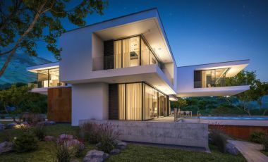 Nehrin yanında modern ev 3D render geceleri