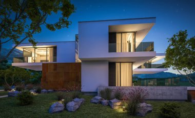 Nehrin yanında modern ev 3D render geceleri
