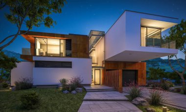 Nehrin yanında modern ev 3D render geceleri