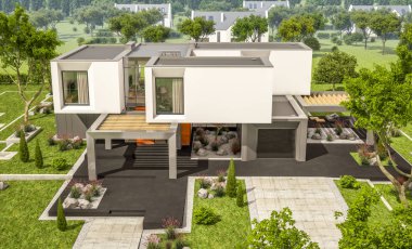 Bahçedeki modern ev 3D render