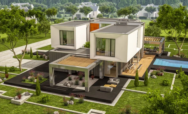 3D-Rendering des modernen Hauses im Garten — Stockfoto