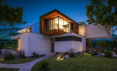 Nehrin yanında modern ev 3D render geceleri
