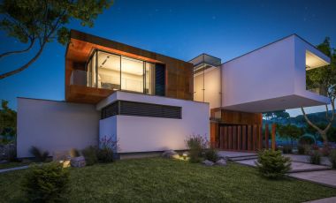 Nehrin yanında modern ev 3D render geceleri