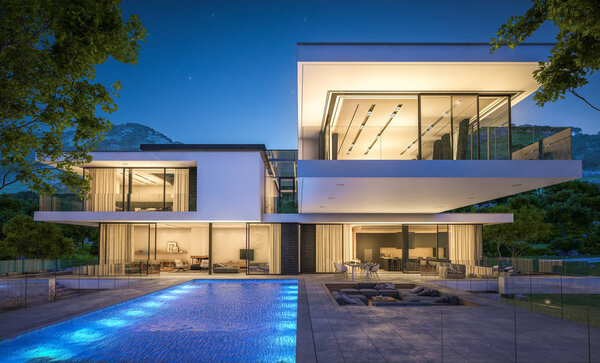 3d representación de la casa moderna por el río en la noche — Foto de Stock