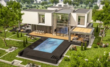 Bahçedeki modern ev 3D render