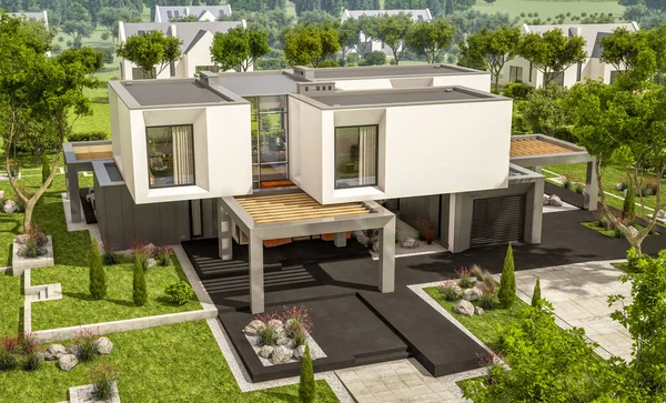 3D-rendering van modern huis in de tuin — Stockfoto