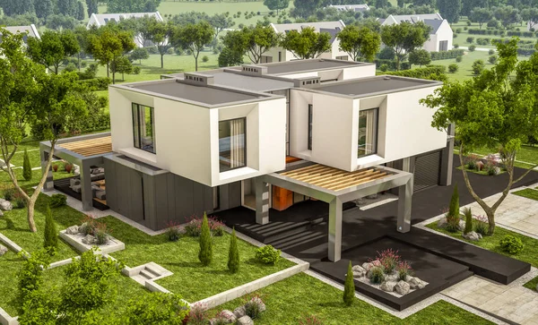 Renderingu 3D nowoczesny dom w ogrodzie — Zdjęcie stockowe