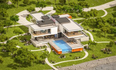 Nehrin yanında modern ev 3D render