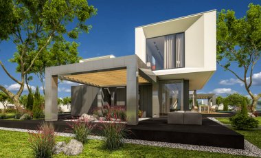 Bahçedeki modern ev 3D render