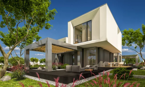 3d representación de la casa moderna en el jardín — Foto de Stock