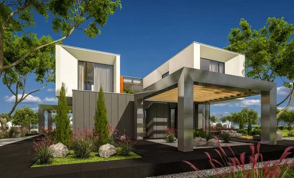 3d 现代住宅在园林中的渲染 — 图库照片