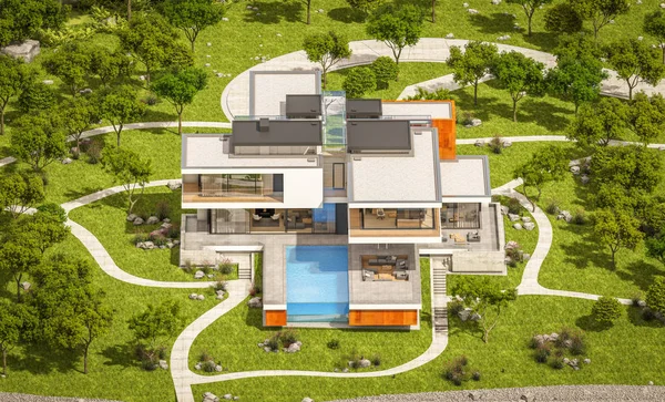 3D-rendering van modern huis aan de rivier — Stockfoto
