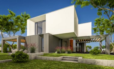 Bahçedeki modern ev 3D render