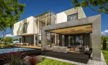 Bahçedeki modern ev 3D render