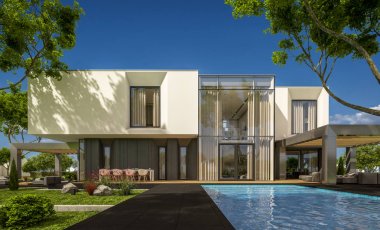 Bahçedeki modern ev 3D render