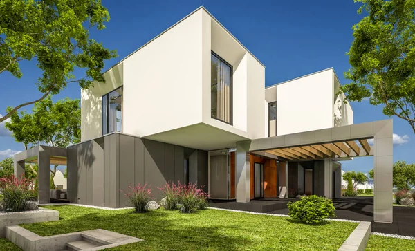 3D-rendering van modern huis in de tuin — Stockfoto