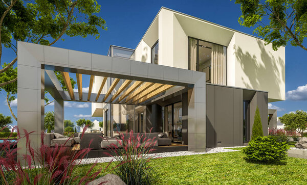 Rendering 3d della casa moderna in giardino — Foto Stock
