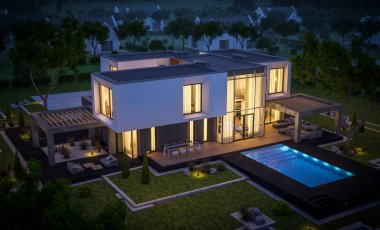 Bahçedeki modern ev 3D render geceleri