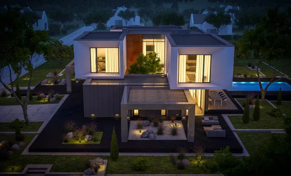3D-rendering van modern huis in de tuin 's nachts — Stockfoto