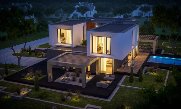3d rendering of modern house in the garden at night — Stock Photo, Image