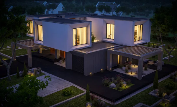 3d rendering of modern house in the garden at night — Stock Photo, Image