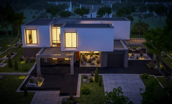 3D vykreslování moderní dům v zahradě v noci — Stock fotografie
