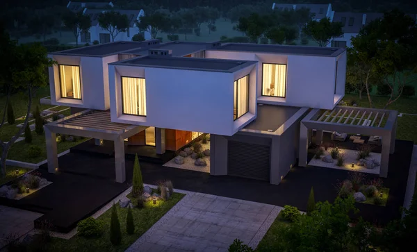 Renderingu 3D nowoczesny dom w ogrodzie w nocy — Zdjęcie stockowe
