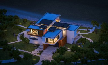 Nehrin yanında modern ev 3D render geceleri
