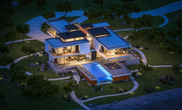 Renderingu 3D nowoczesny dom nad rzeką w nocy — Zdjęcie stockowe