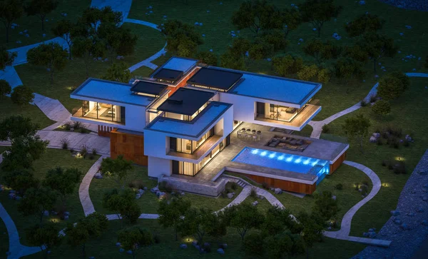 3D рендеринг современного дома у реки ночью — стоковое фото