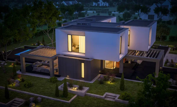 3D рендеринг современного дома в саду ночью — стоковое фото