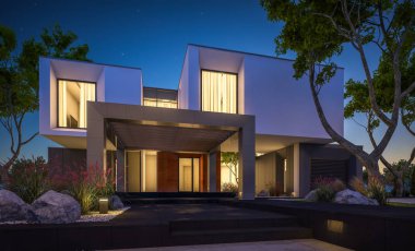 Bahçedeki modern ev 3D render geceleri