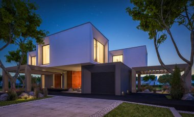 Bahçedeki modern ev 3D render geceleri