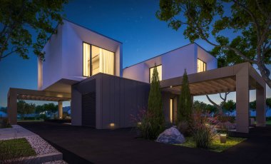 Bahçedeki modern ev 3D render geceleri