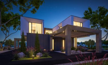 Bahçedeki modern ev 3D render geceleri