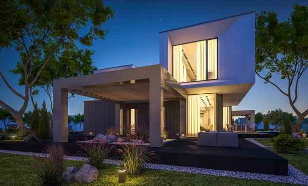 Bahçedeki modern ev 3D render geceleri