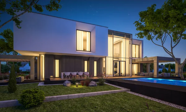 3D-Darstellung des modernen Hauses im Garten bei Nacht — Stockfoto