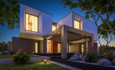 Bahçedeki modern ev 3D render geceleri