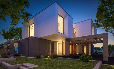 Bahçedeki modern ev 3D render geceleri