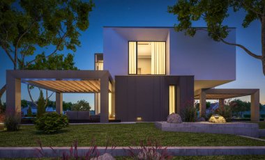 Bahçedeki modern ev 3D render geceleri