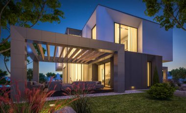 Bahçedeki modern ev 3D render geceleri