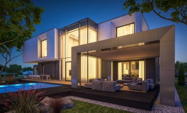 Bahçedeki modern ev 3D render geceleri