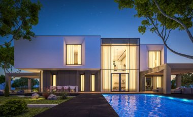 Bahçedeki modern ev 3D render geceleri