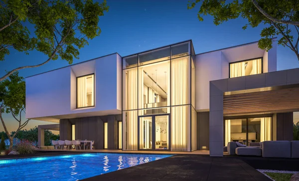 Bahçedeki modern ev 3D render geceleri