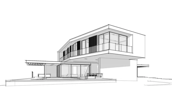 Redare 3D a casei moderne pe deal cu linie neagră piscină pe — Fotografie, imagine de stoc