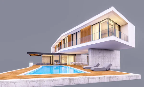 3d rendering of modern house on the hill with pool isolated on g