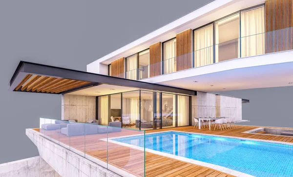 3D-rendering av moderna hus på kullen med pool isolerad på g — Stockfoto
